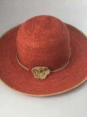 Vintage Talbot Women Straw Hat Coral Red Beige Flower Siz M READ